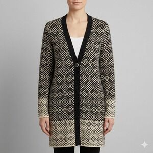 Coldwater Creek Womens L 14 Black White Geometric Wool Blend Cardigan Sweater
